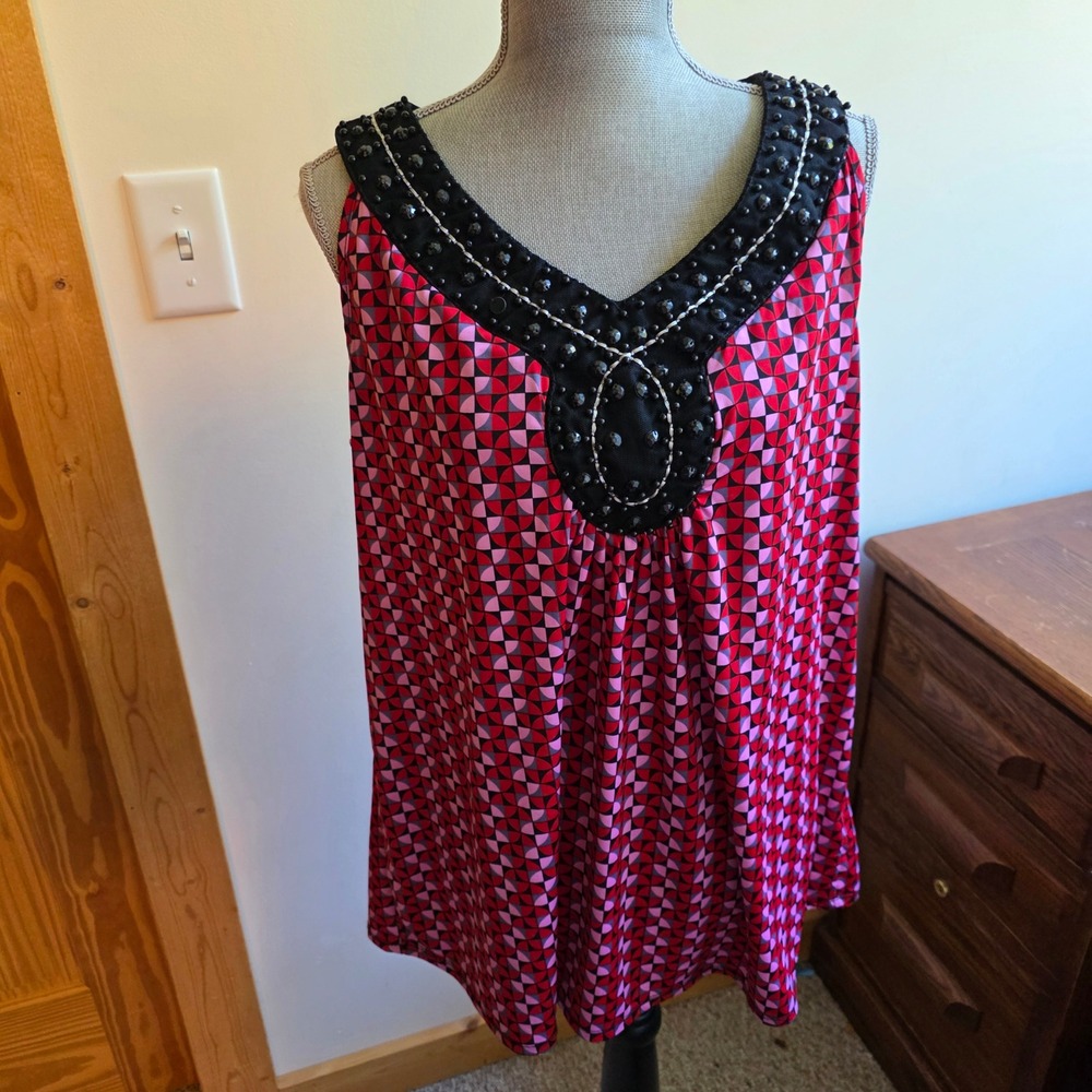 Fashion Bug Y2K Dopamine Geometric Beaded V-Neck Sleeveless Tank Top Pink Red 1X